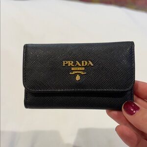 Prada Authentic Black Saffiano Leather Gold Key and Card Holder
